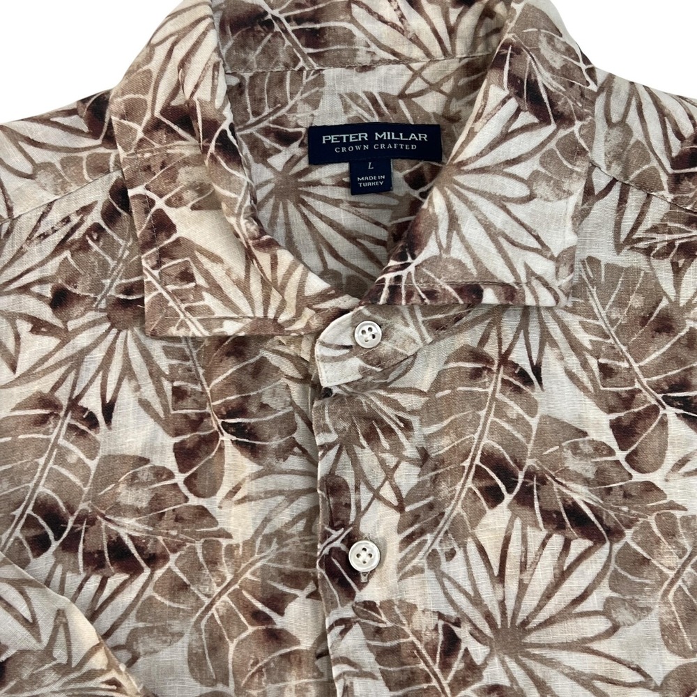 Peter Millar Hawaiian Shirt Mens L Brown Linen Tropical Leaf Crown Crafted